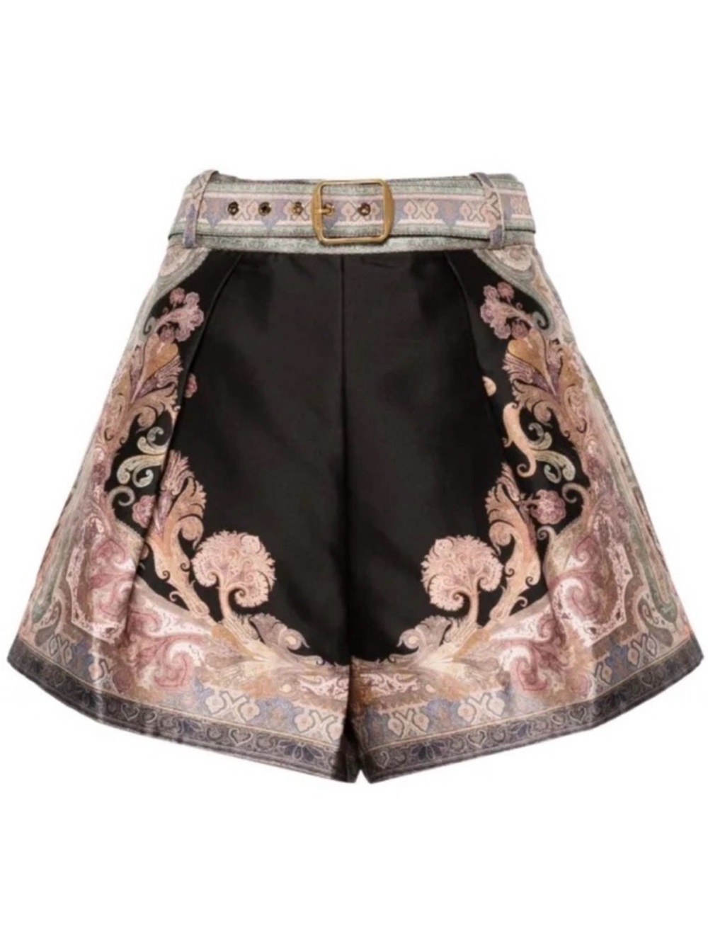 Zimmermann Black Brocade High-Waist Embroidered Shorts with Pink & Gold Accents